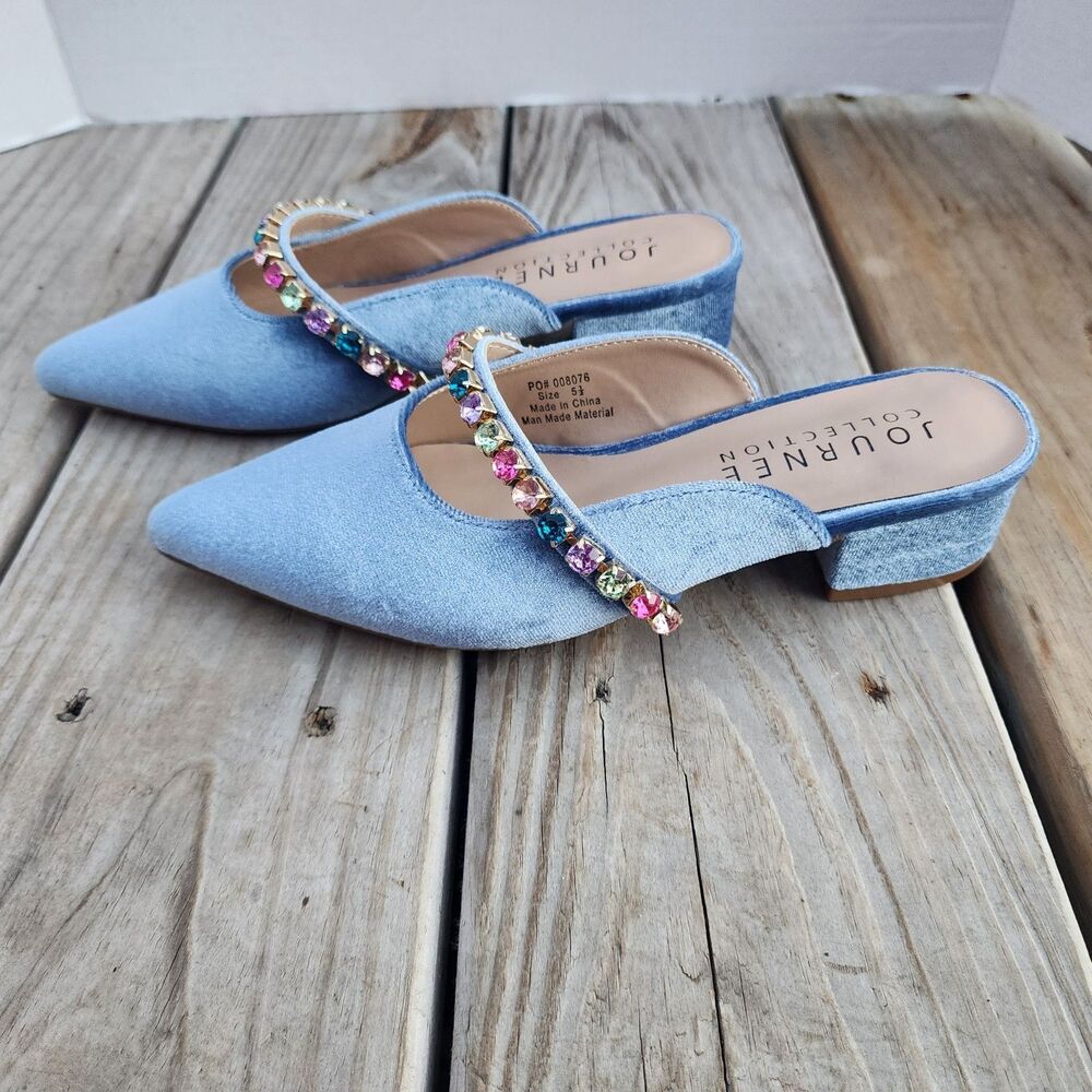 New In Box Journee Collection Light Blue Velor Embellished Jewelled Mules Sz 5.5 - Picture 11 of 16